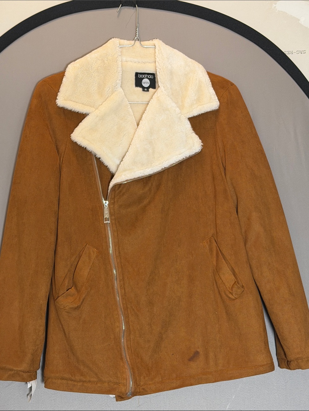 Boohoo Man Tan Faux-Suede Teddy Jacket with Cream Shearling Collar